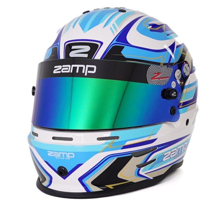 asque ZAMP RZ-42Y avec design graphique en blanc et bleu