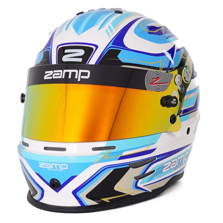 asque ZAMP RZ-42Y with graphic design in white and blue